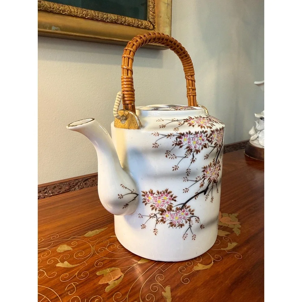 Vintage Cherry Blossom Teapot with Rattan Handle • Porcelain Floral Tea Pot‎